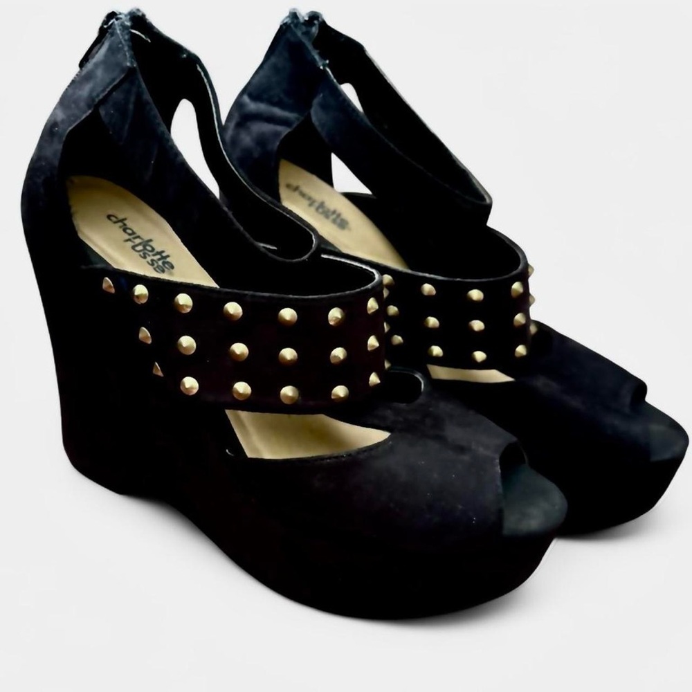 Stylish Black Suede Chunky Wedge Sandals With Gold Studds